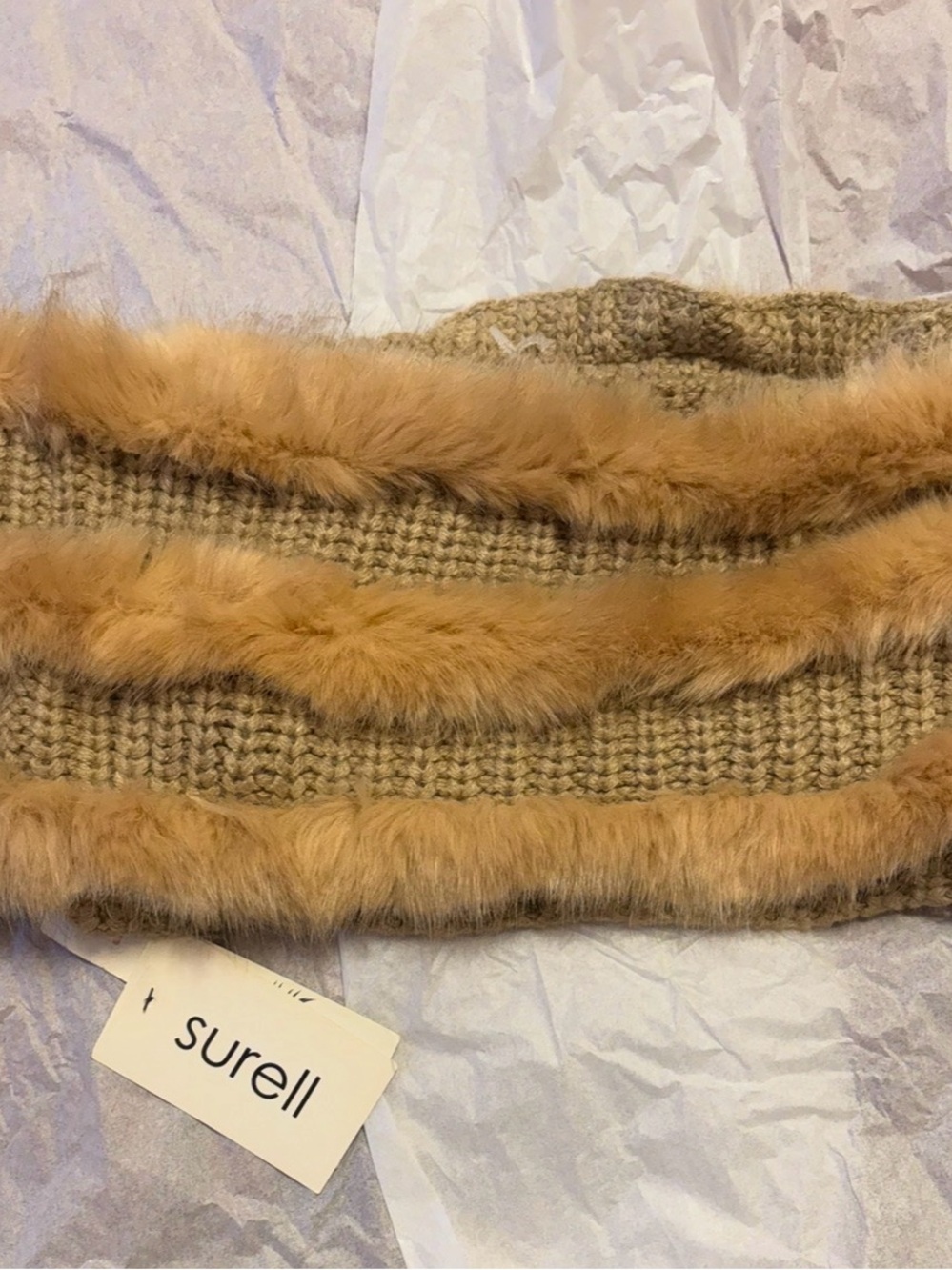 Surell Tan Knit Infinity Loop Scarf with Faux Fur Trim
